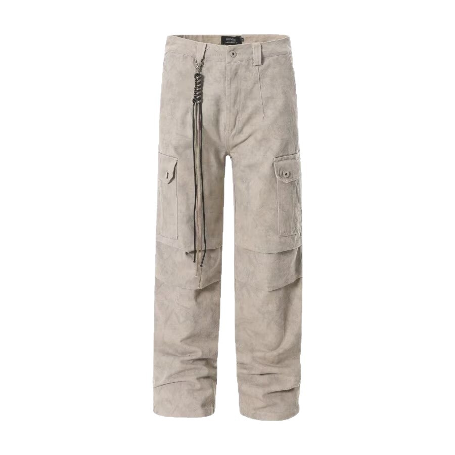 Outdoor Functional Style Solid Color Straight-Leg Jeans For Men Washed Vintage Wrinkled Feel Cargo Pants Design Sense_mkmklike.com