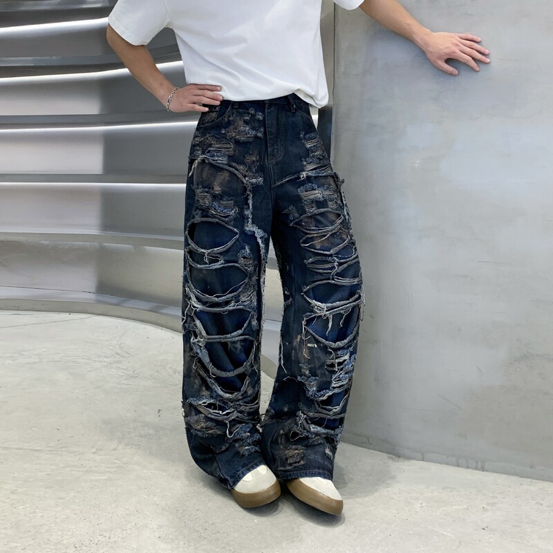 Retro Distressed Jeans for Men, Loose Fit, Graffiti, Wasteland Style, Trendy Brand, Straight American Style, Unisex, Cotton Retro Distressed Jeans for Men, Loose Fit, Graffiti, Wasteland Style, Trendy Brand, Straight American Style, Unisex, Cotton