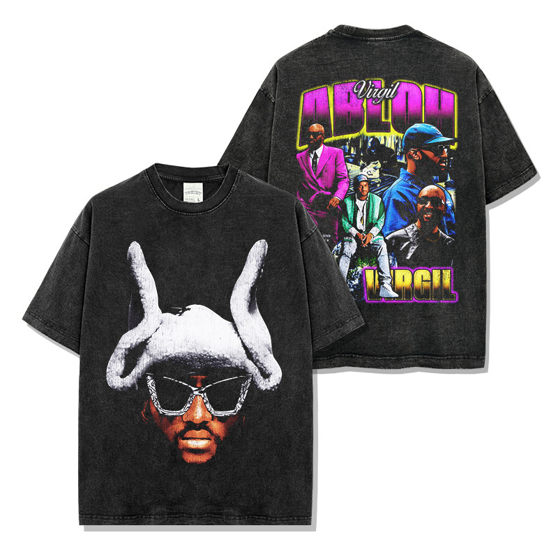 Cross-border American Virgil Abloh Abloh Printed Washed Short-sleeved T-shirt Round Neck Loose Hooded Sweatshirt for Men