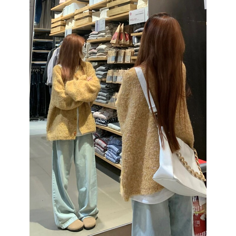 レイジースタイルソフトワックス状ラウンドネックイエローニットカーディガン女性のための春と秋のルーズ小森スタイルレトロセータージャケットトレンディ|undefined