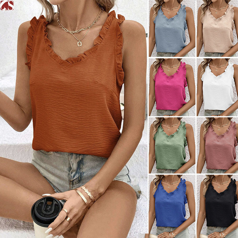 Cross-Border Foreign Trade 2025 Amazon Temu Women's Tops V-Neck Ruffled Solid Color Sweet Sleeveless Shirt for Women