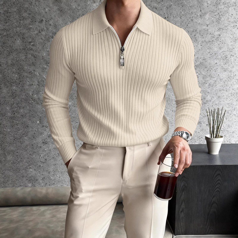 European and American Cross-Border Foreign Trade Wish Men's Autumn Sports Fitness Casual Stand-Up Collar Elastic Vertical Stripe Long-Sleeve Zipper Polo