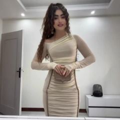 2025秋季新款欧美亚马逊跨境外贸女装露肩长袖褶皱修身包臀连衣裙