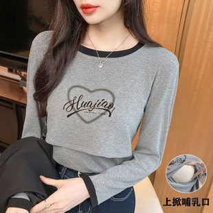 Breastfeeding Clothes Hot Mom's Autumn and Winter Clothes Postpartum Lift-up Pure Cotton T-shirt Outer Wear Base Spring Breastfeeding Top