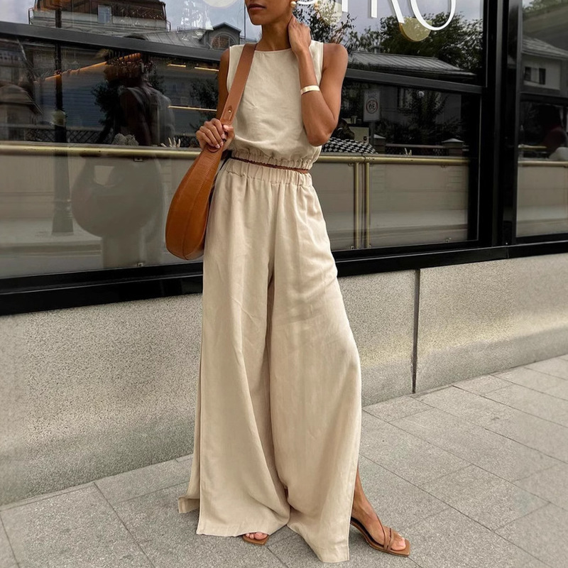 European and American Cross-Border Hot Selling Cotton and Linen Pure Color Suit 2025 Spring and Summer Casual Women's Vest Slit Pants Two-Piece Set