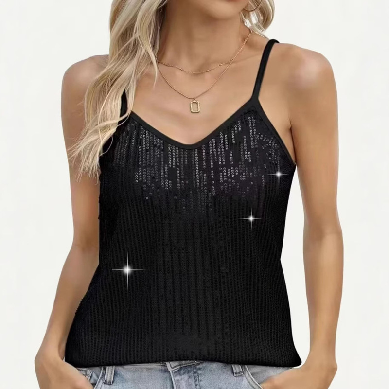 2025 European and American Women's New Sexy Fashion Shining Beads Sequin Shoulder Strap Sling Adjustable Solid Color Vest Bright 2025 European and American Women's New Sexy Fashion Shining Beads Sequin Shoulder Strap Sling Adjustable Solid Color Vest Bright