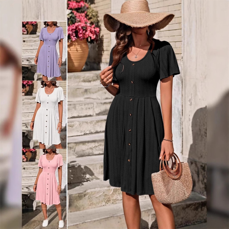 In Stock - Women's Lavender Button-Front T-Shirt Dress Elegant A-Line Knee-Length Short-Sleeved Round Neck Dress