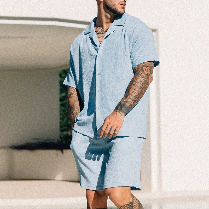 Cross-border European and American men's new independent station supply summer casual lapel shirt short sleeve shorts men's suit Cross-border European and American men's new independent station supply summer casual lapel shirt short sleeve shorts men's suit