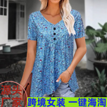 2025春夏款wish亚马逊独立站欧美碎花v领高端宽松短袖扭扣上衣女