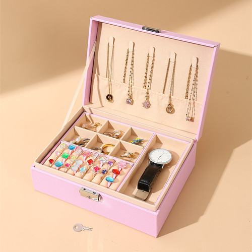 Double-layer PU leather jewelry box, large capacity jewelry box, earring and necklace storage box, bracelet box with lock
