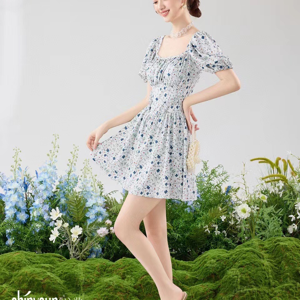 12423夏艳新款夏季纯色连体小碎花泳装面料舒适透气