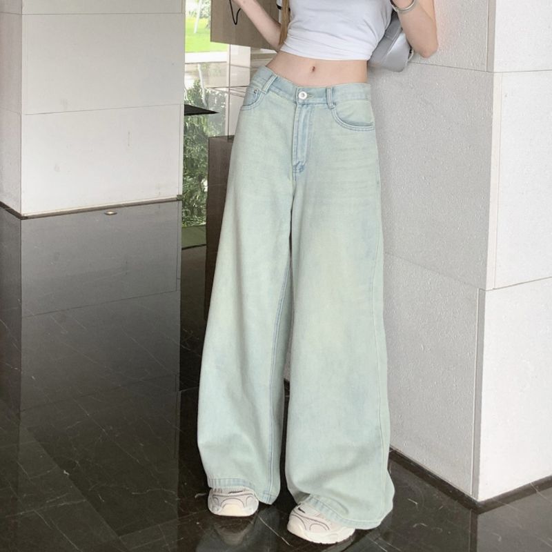 Vintage Distressed Straight-Leg Pants Autumn Petite Wide-Leg Floor-Length Low-Rise Light-Colored Jeans Women Drapey Loose