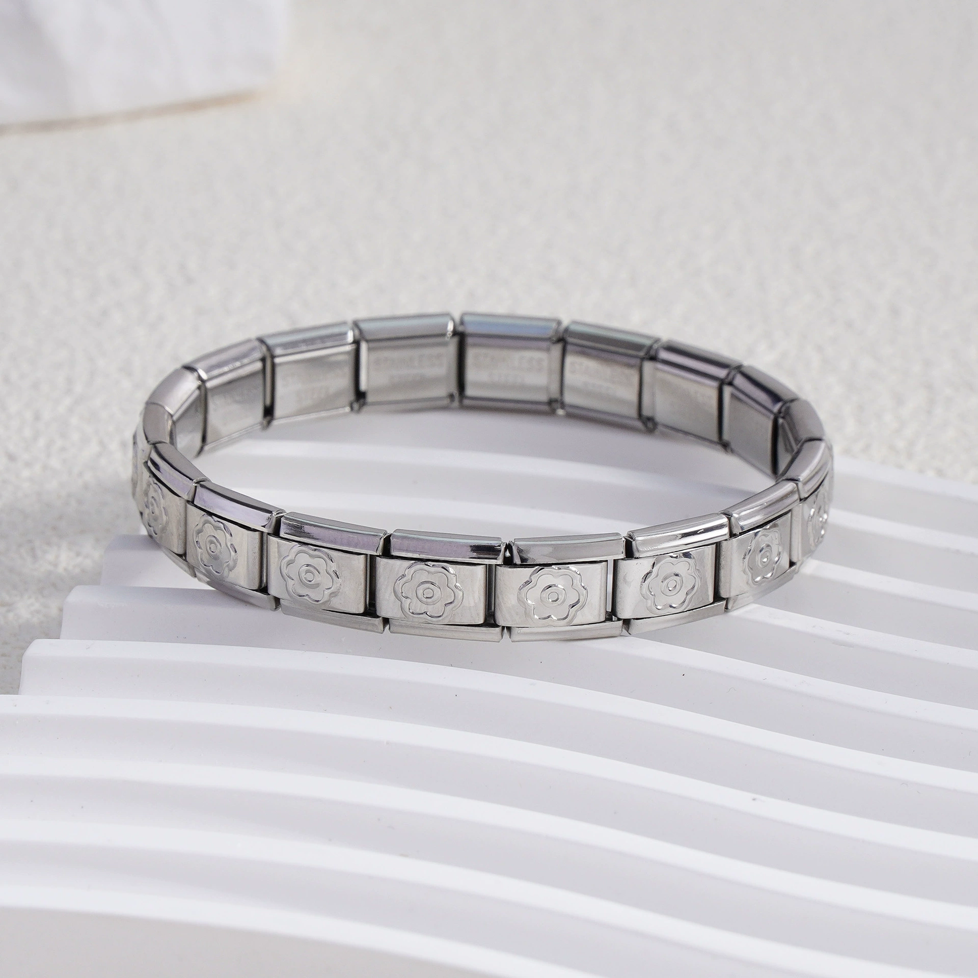 stainless steel bracelet, removable elastic link watch strap, italian european style, assorted charms