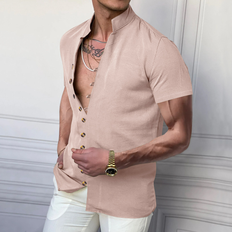 Camicia in lino da uomo con collo alla coreana e bottoni_voghion.com