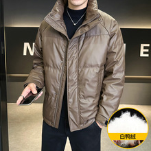 DH9959白鸭绒PU皮面设计师款羽绒服男冬季立领潮流百搭青年外套