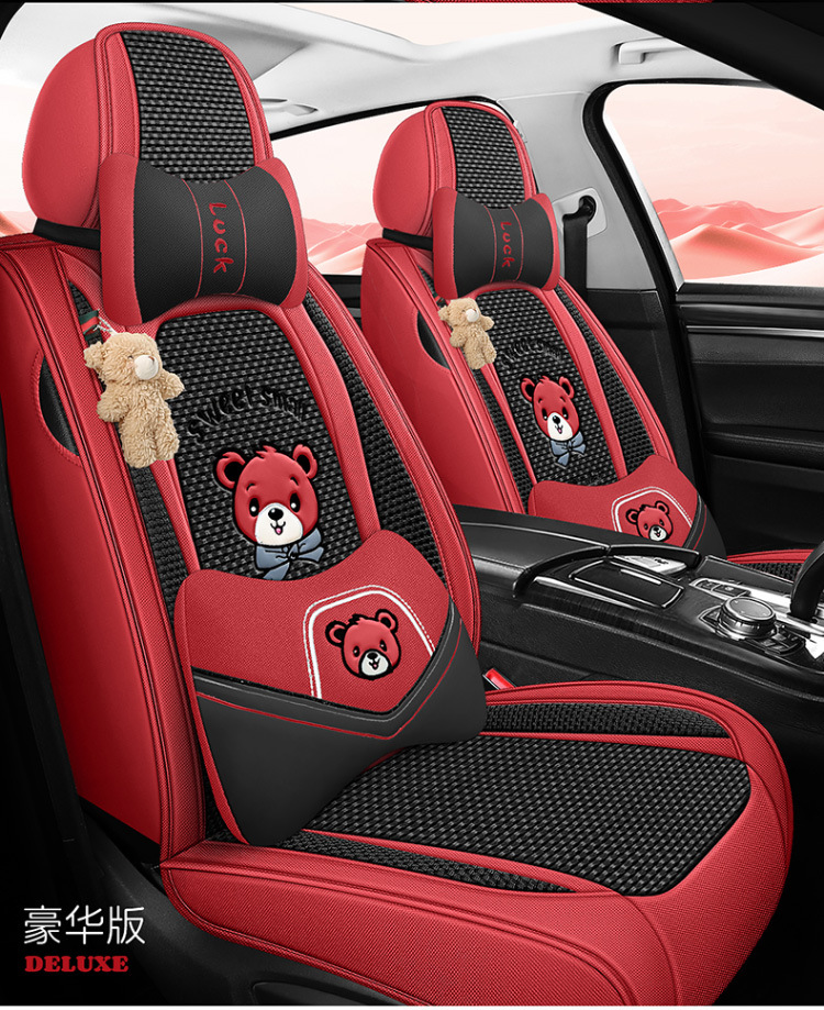 New All-Season Universal Car Seat Cushion, Full-Coverage Seat Cover, Cartoon Cute Linen, High-Grade Goddess Breathable Cotton