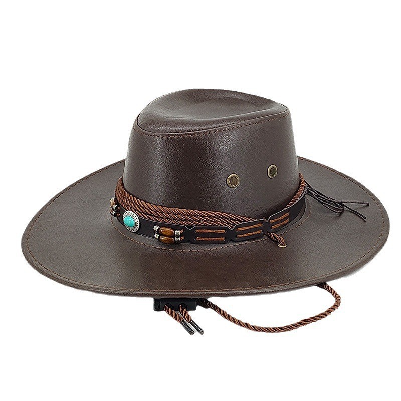 Unisex Ethnischer Windschatten Western Cowboyhut Glänzender Retro Leder Outdoor Sonnencreme Gerollter Ritterzylinder_voghion.com