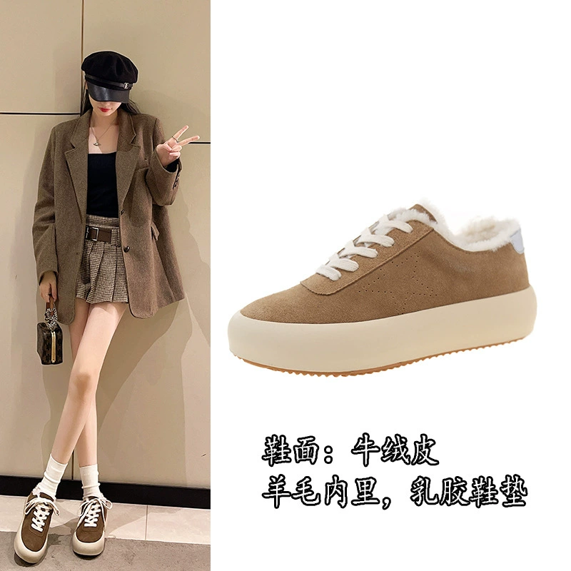 Корейские ретро-шерстяные туфли для женщин, зима 2025, новинка, из натуральной кожи, с утолщенной подкладкой из шерсти, теплые, на плоской подошве, повседневные.