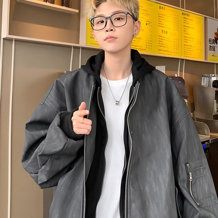 2025 primavera nuevo estilo americano falso chaqueta con capucha de dos piezas chaqueta de cuero PU de moda para hombres