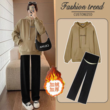 孕妇装秋冬款加绒加厚保暖韩版宽松遮孕肚连帽长袖休闲外穿一整套