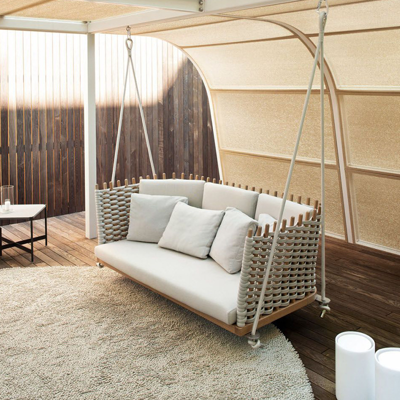 Sofá de teca al aire libre patio jardín ocio anticorrosión muebles de madera hotel villa sofá de tejido de cuerda impermeable image 4
