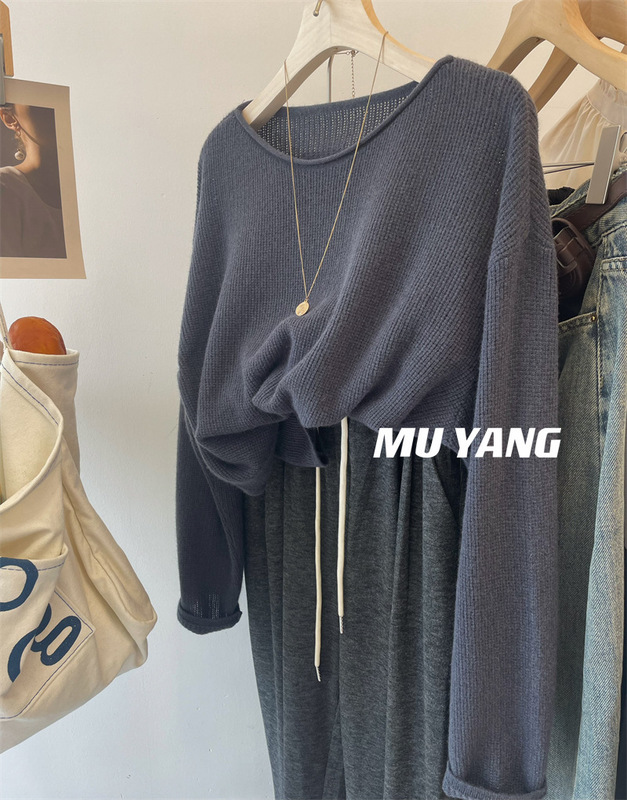 怀旧色调！卷边针织长袖羊毛慵懒毛衣女 净色宽松套头上衣|undefined