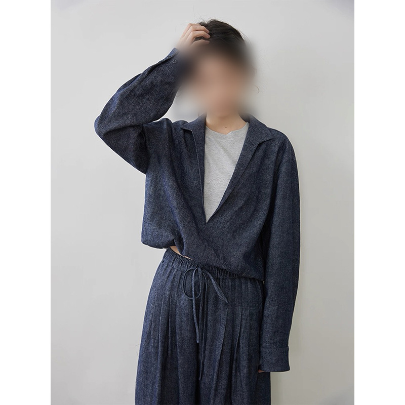 现货厂家批发 新款亚麻棉牛仔套装高ji假两件外套宽松阔腿长裤女|undefined