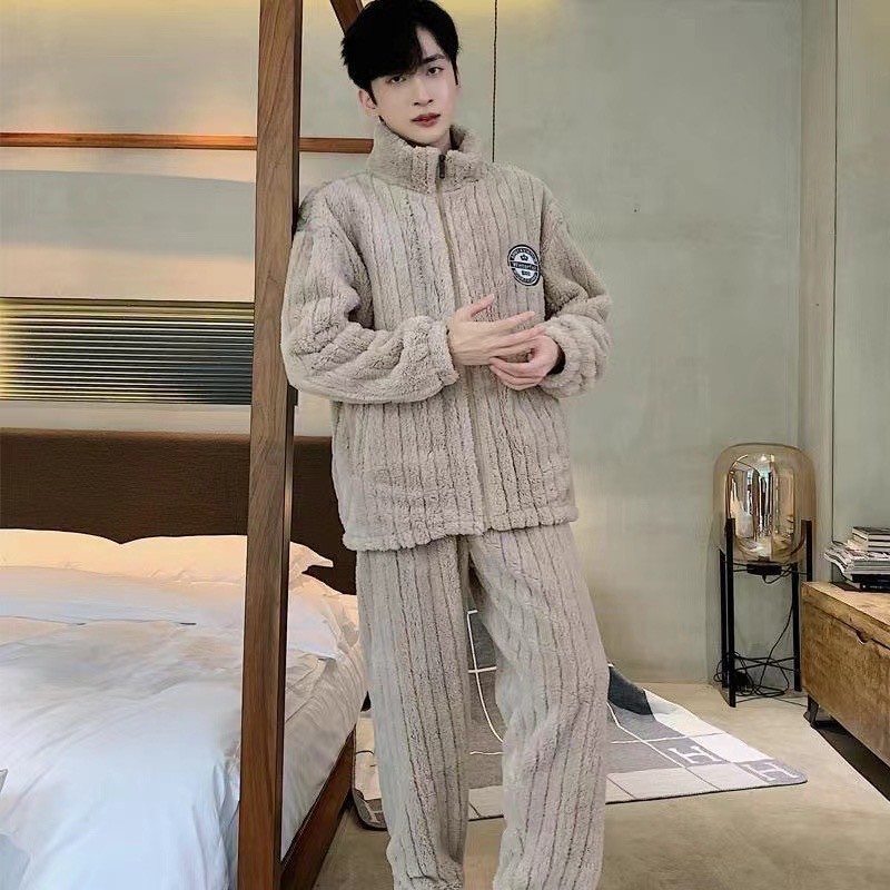 Invierno nuevo pijama de terciopelo de franela hombre simple coral sólido jacquard cremallera ropa casera set al por mayor