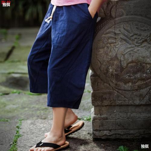Summer Chinese-style loose plus-size cotton-linen 7/8 length pants for men, fat men's shorts, wide-leg pants, linen casual harem pants, trendy