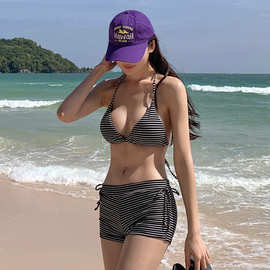泳衣女性感辣妹黑白条纹比基尼分体平角系带挂脖小胸显瘦沙滩度假
