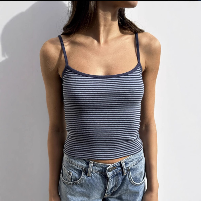 American Style Hot Girl Striped Short Camisole Slim-fit Fashion All-match Camisole Summer Striped Thin Shoulder Strap Camisole American Style Hot Girl Striped Short Camisole Slim-fit Fashion All-match Camisole Summer Striped Thin Shoulder Strap Camisole