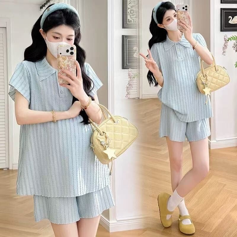Maternity Wear Summer Short-Sleeved Lapel Top Summer Shorts Fashionable Fresh Jacquard Two-Piece Maternity Suit Summer Maternity Wear Summer Short-Sleeved Lapel Top Summer Shorts Fashionable Fresh Jacquard Two-Piece Maternity Suit Summer