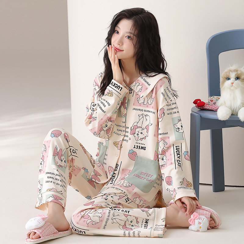 [Algodón puro] 40 pijamas de doble cara para mujer, primavera, otoño e invierno, nuevo estilo de manga larga con almohadilla para el pecho, traje de servicio a domicilio que se puede usar afuera