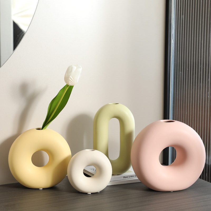 Creativa crema estilo donut florero de cerámica salón arreglo floral decoración TV gabinete escritorio flor seca dispositivo