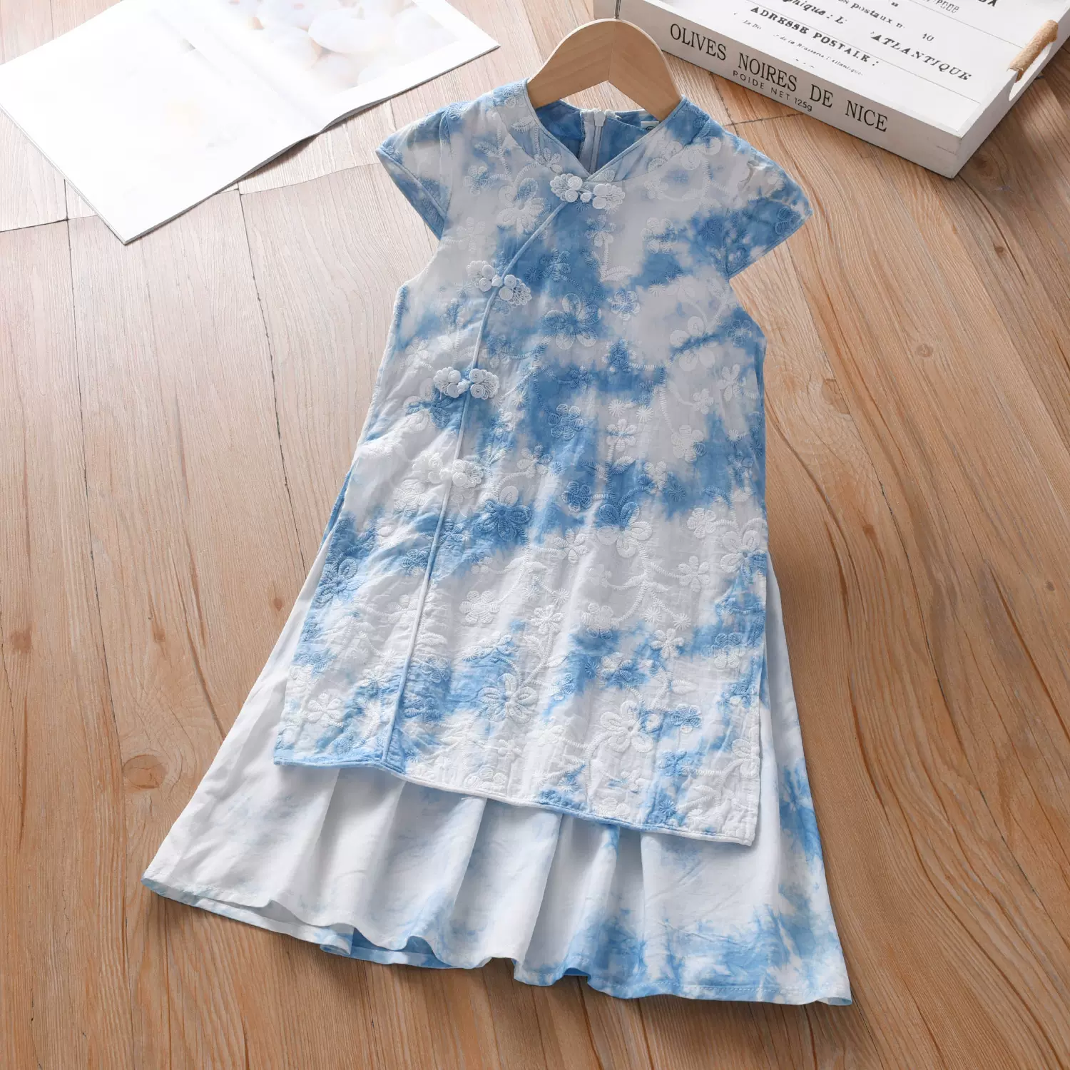 云南古法扎染女童连衣裙新中式儿童汉服夏装刺绣旗袍拼接公主裙子