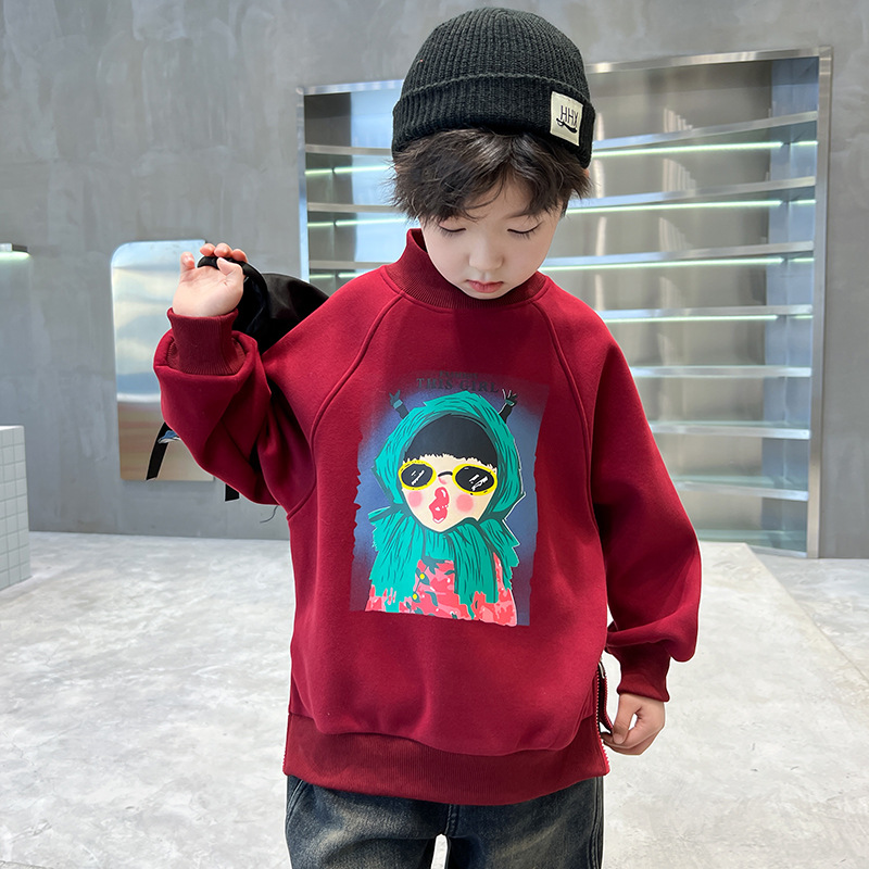 Sudadera con capucha estampada para niño para primavera y nuevo estilo 2024, conjunto para niño, camisa base de manga larga, otoño para niños de talla mediana_voghion.com