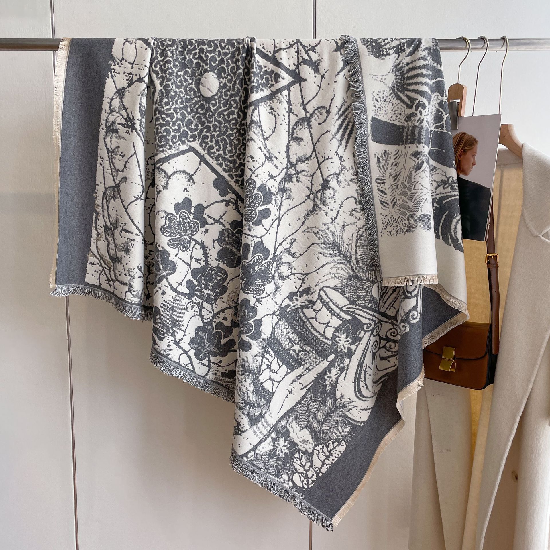 Cashmere-like moda todo-fósforo bufanda planta flor impresión barba corta borla chal Otoño e Invierno engrosada bufanda caliente para las mujeres