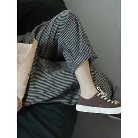 2025秋季新款韩版气质文艺复古怀旧条纹宽松长裤休闲百搭裤子女