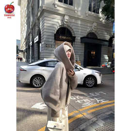慵懒风拼接针织连帽毛呢外套女高级感宽松显瘦加厚双面呢大衣冬季