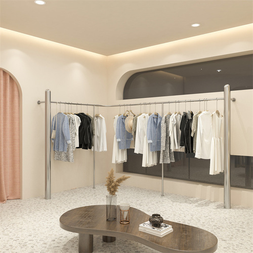 Clothing store display rack, floor-mounted stainless steel large tube wall hanger, women's clothing store shelf display props, rack