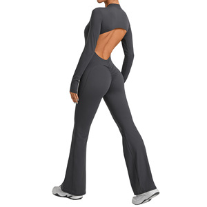 AYM037227 Long Sleeve One-Piece Yoga Jumpsuit Flared Collar Wide Leg Aoyema wholesale