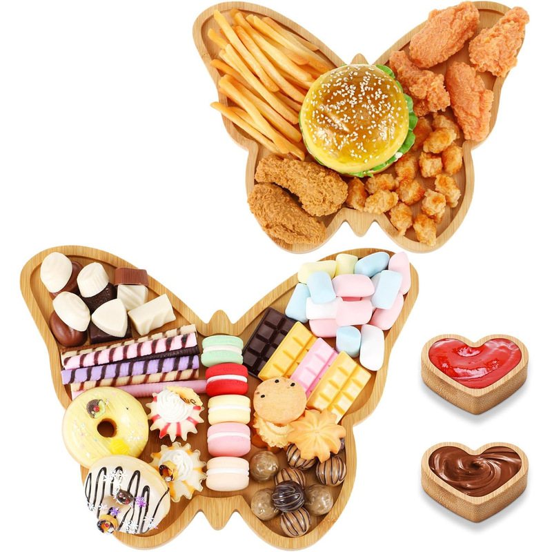 Bamboo Wooden Butterfly Plate and Heart Shape Plate for Cheese Fruit Cookies Charcuterie Board for Home Holiday Wedding