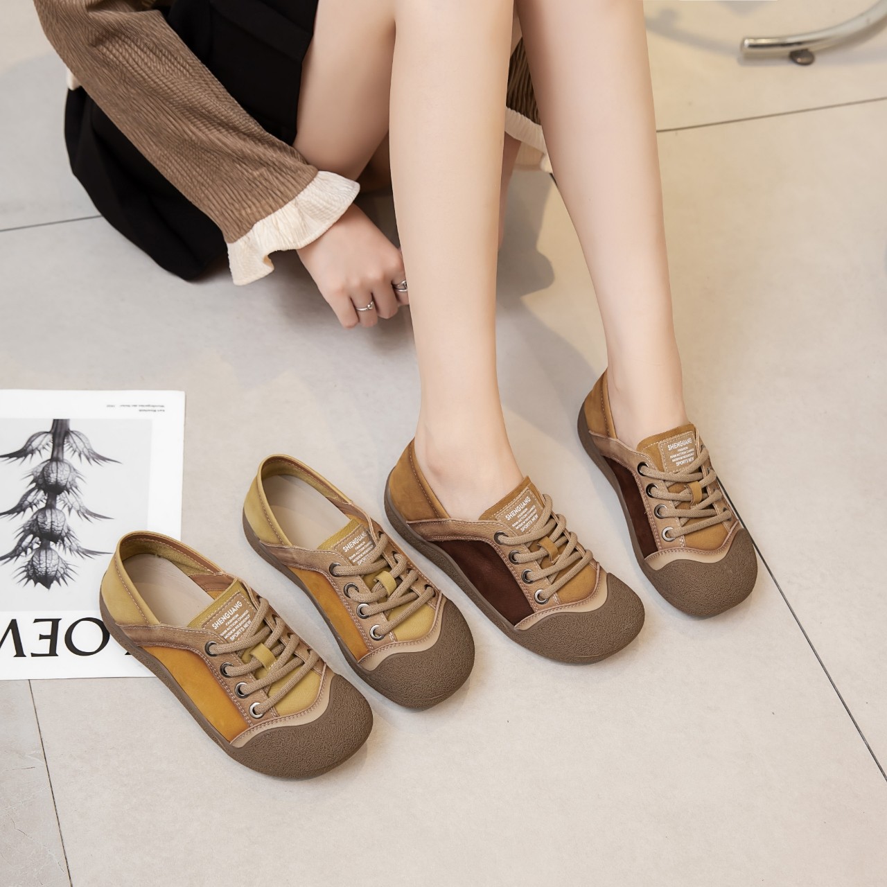 Retro First-Layer Cowhide Artistic Color Matching Shoes for Women 2025 Autum New Style Comfortable Lightweight Soft-Soled Casual Sneakers