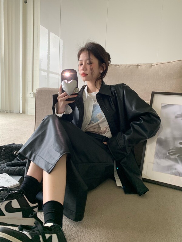 2025秋季新款美式辣妹风设计感百搭长袖皮衣高腰半身裙时尚套装女|undefined