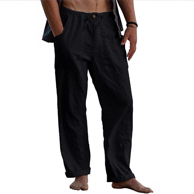 Popular Amazon New Men's Linen Trousers Loose Casual Summer Non-Elastic Waist Drawstring Loose Trousers with Mouth