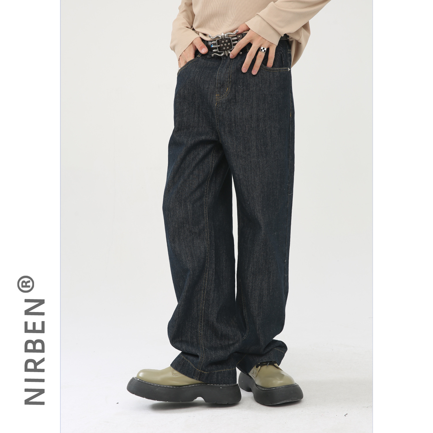 Nirben Denim | Pantalones vaqueros de color primario estilo coreano versátil flojo que adelgaza drapeado Pantalones rectos para hombres y mujeres