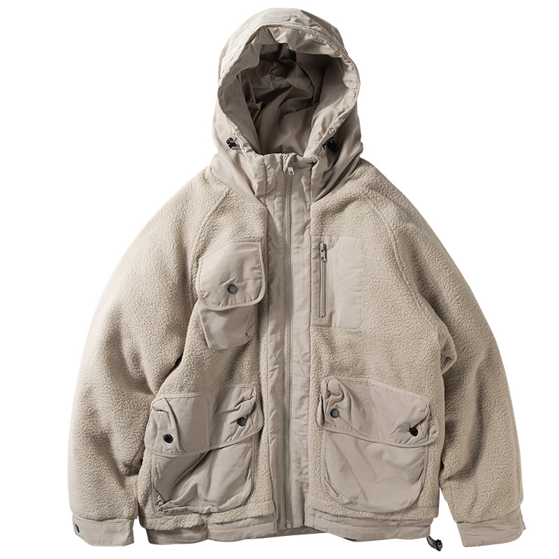 Abrigo acolchado de algodón con capucha de los hombres de Invierno Polar de lana costura acolchado abrigo de los hombres Ropa de trabajo de estilo japonés suelta multi-Bolsillo Abrigo acolchado de algodón hombres