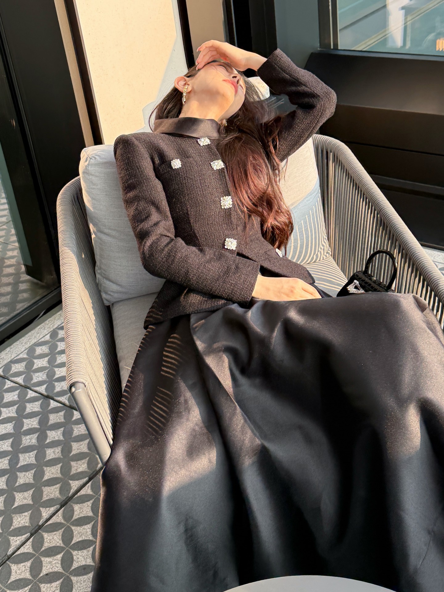 2025 Autumn Winter New Women's Black Tweed Patchwork Elegant Long Sleeve Small Stand Collar Dress Evening Gown_ecoleips.com