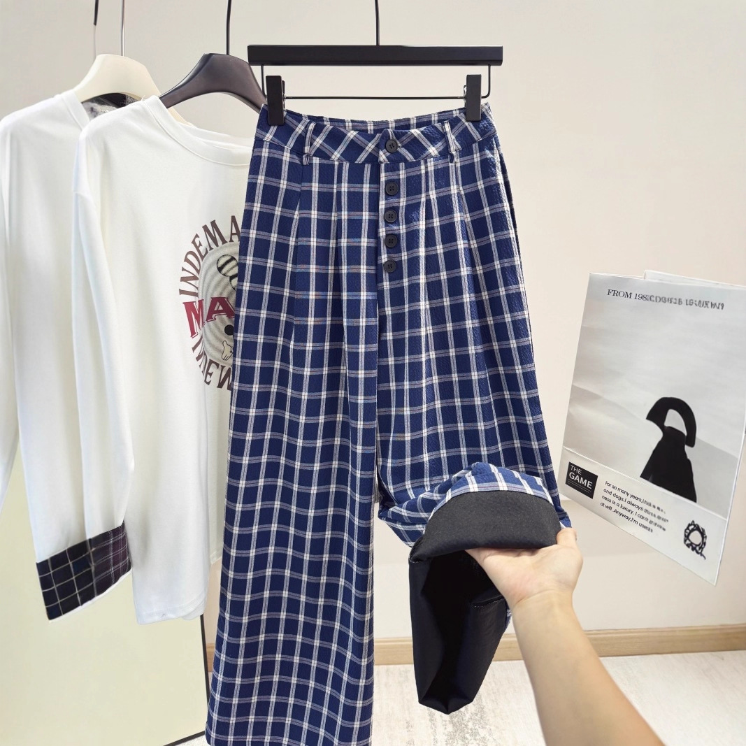 Plaid Pants for Home Girls, Casual Pants, Loose Wide-Leg Pants for Women, Autumn and Winter Lazy Slimming Plaid Wide-Leg Pants and Trousers