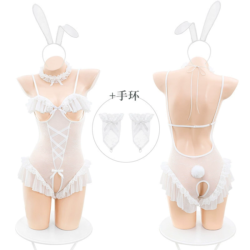 Нижнее белье (Lallic) с ушками кролика Bodysuit с открытым между ногом и обнажённой грудью, белое, one size, включает аксессуары